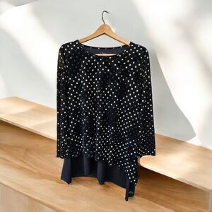 Calessa Black Polka Dot Velvet Floral Top Blouse XL Asymmetric Hem Sheer Sleeve